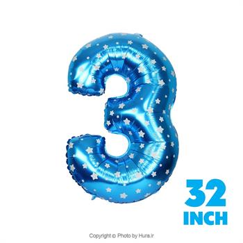 بادکنک عدد سه فویلی آبی چاپ ستاره 32 اینچ