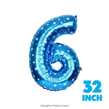 بادکنک عدد شش فویلی آبی چاپ ستاره 32 اینچ
